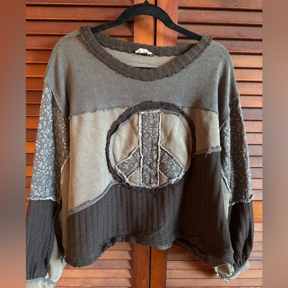POL Tops - POL Boho Patchwork Peace Sign Top | Oversized Earthy Festival Free People Style